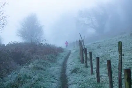 joggeuse dans le froide brume d'hiver