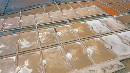 Vue aérienne d'un paludier travaillant à la récolte du sel dans les marais salants de Guérande.