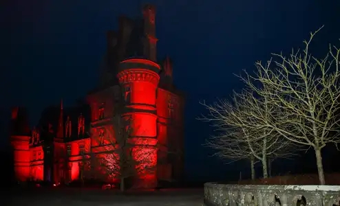 Château de Trévarez sous éclairage rouge nocturne 02, Finistère