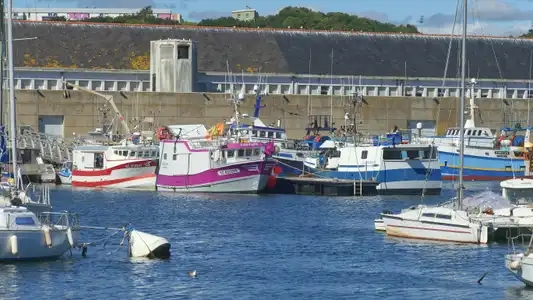 Bateaux de pêche au mouillage dans le port de Concarneau.