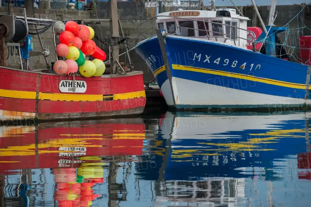 Bateaux de pêche se reflétant dans le port de Brest