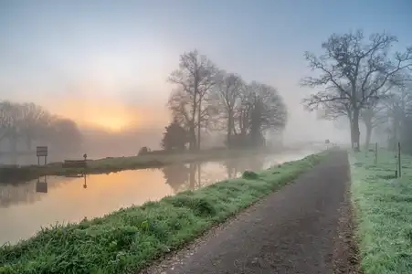 brume au lever du soleil au bord du canal