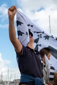homme poing levé dans un drapeau breton