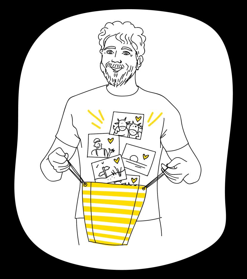 Illustration d'un homme tenant un panier avec des images à l'intérieur