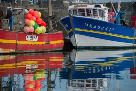 Bateaux de pêche se reflétant dans le port de Brest
